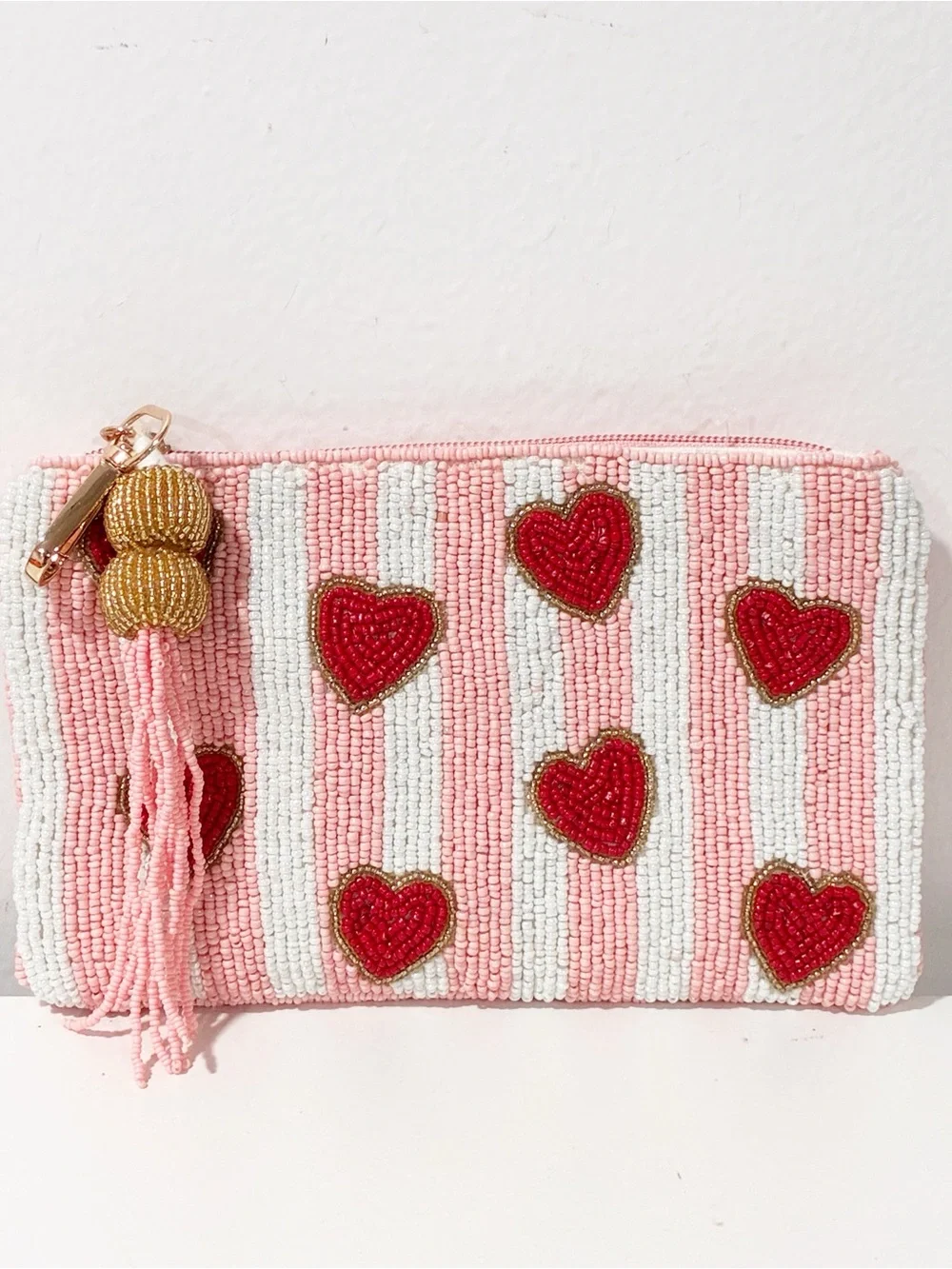 Made in India Pink White Stripe Red Hearts Beaded Clutch Wristlet